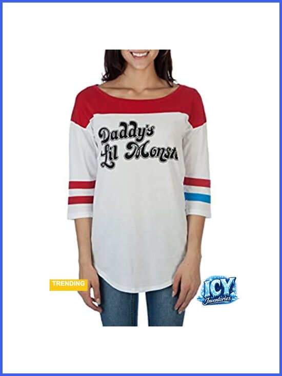 Tops - Harley Quinn Daddy's Lil Monster Juniors Raglan T-Shirt, Cotton Blend,